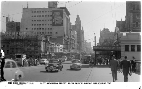 BUSY SWANSTON STREET, FROM PRINCES BRIDGE, MELBOURNE, VIC, 1920–54