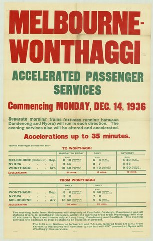 Melbourne-Wonthaggi - accelerated passenger services commencing Monday Dec. 14 1936, 1935–42