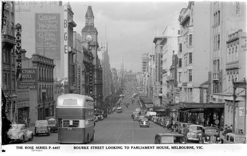 BOURKE STREET LOOKING TO PARLIAMENT HOUSE, MELBOURNE, VIC, 1920–54