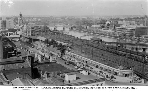 Looking Across Flinders St., Showing Rly. Stn. I.E. Railway Station & River Yarra, Melb., Vic, 1920–54