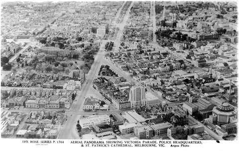 Aerial Panorama Showing Victoria Parade Police Headquarters, & St. Patrick's Cathedral, Melbourne, Vic, 1920–54