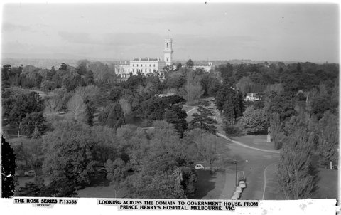 LOOKING ACROSS THE DOMAIN TO GOVERNMENT HOUSE FROM PRINCE HENRY'S HOSPITAL, MELBOURNE, VIC, 1920–54