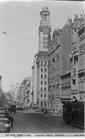 "THE CONSERVATORY, FITZROY GARDENS, MELBOURNE/COLLINS STREET SHOWING A.P.A. BUILDING.", 1920–54