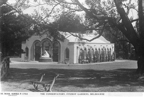 "THE CONSERVATORY, FITZROY GARDENS, MELBOURNE/COLLINS STREET SHOWING A.P.A. BUILDING.", 1920–54