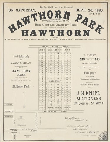 Hawthorn Park, Hawthorn Auction Notice, 1885