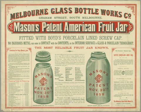 Melbourne Glass Bottle Works Co. Mason's Patent American Fruit Jar, 1890–1900