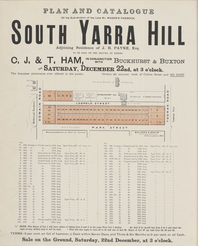 Plan and Catalogue of the subdivision of the late Mr. Mason's paddock, South Yarra Hill [Auction notice], 1888