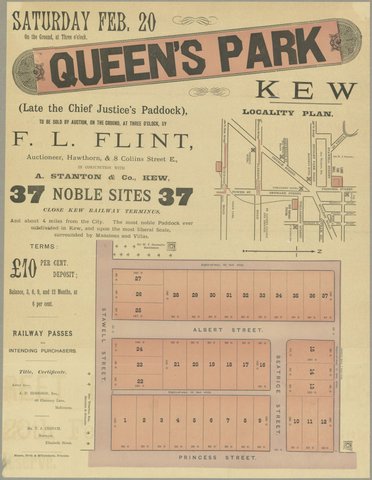 Queen's Park, Kew [Auction notice], c. 1880