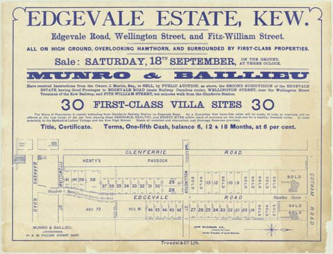 Edgevale Estate, Kew. [Auction notice], 1880–90